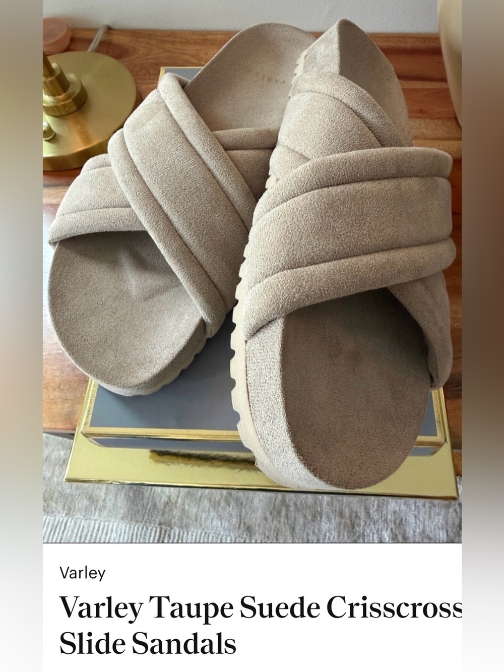 Varley Beige Taupe Crisscross Suede Slide Sandals
